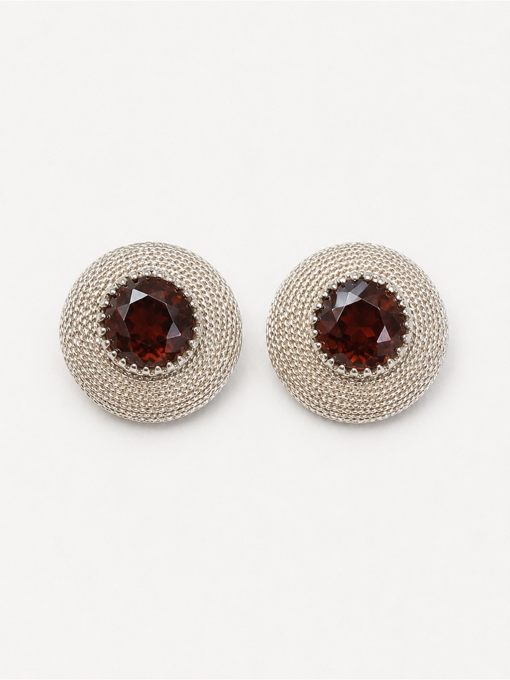 Vintage Silver‎ Tone Clip On Earrings w/ Deep Amber Brown Glass Cabochon